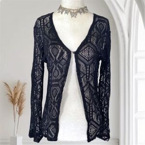 Vintage Black Dainty Whimsygoth Open Front Button Lace Crochet Cardigan M